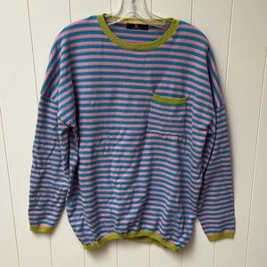 Lillusory Colorful Striped Sweater pink turquoise chartreuse crew oversized L